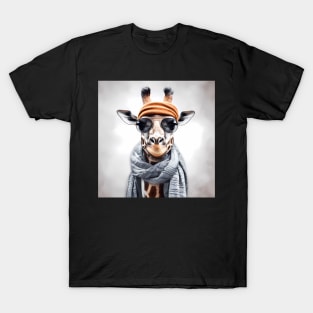 Cute Giraffe Wearing A Hat And Scarf T-Shirt